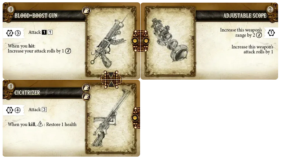 A Cicatrizer main item with a Blood-Boost gun upgrade and an Adjustable scope augment